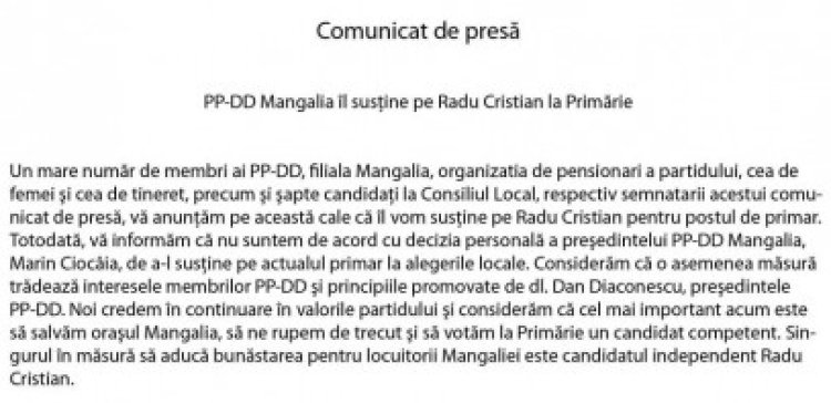 Comunicat: PP-DD îl susţine pe Radu Cristian